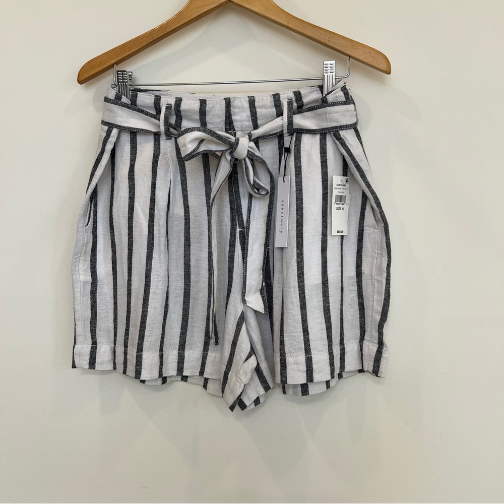 ❤️💜💙💛 Sanctuary White Navy Striped Linen Inland High Rise Paperbag Shorts NWT - Picture 2 of 10